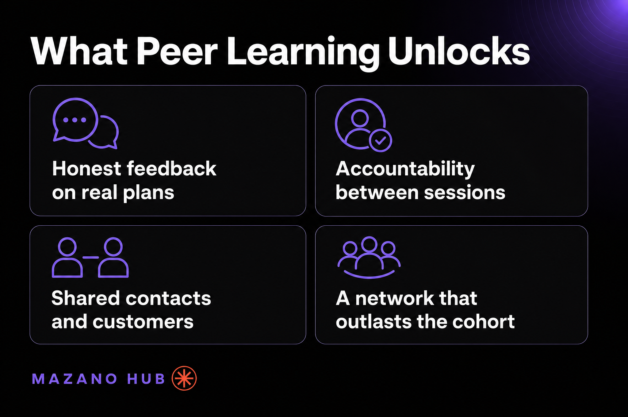 What Peer Learning Unlocks: Honest feedback on real plans; Accountability between sessions; Shared contacts and customers; A network that outlasts the cohort.